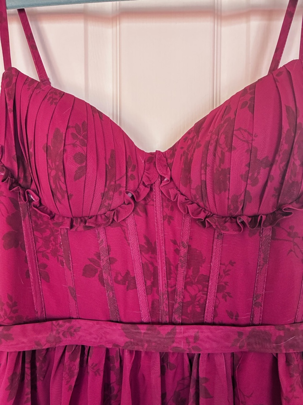 Floral Bustier Prom Dress in Deep Magenta